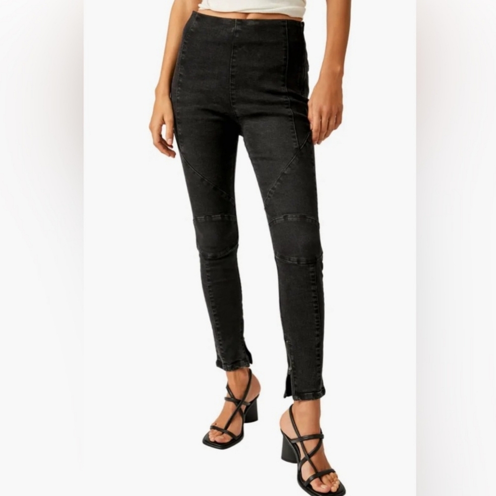 New Free People We the Free Bella Moto Skinny High Waist Jeans Black